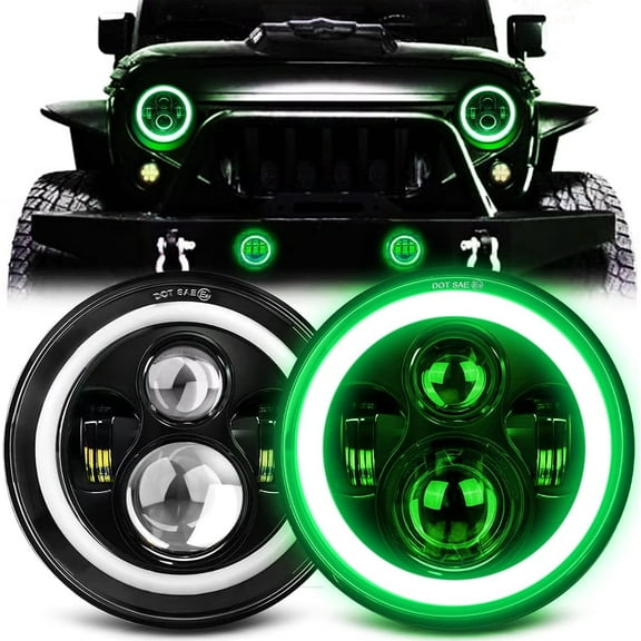 CO LIGHT 2PCS 7 Inch Halo LED Headlight with Green DRL Amber Turn Signal Light DOT Approved 7 inch led headlight Compatible with Wrangler Halo Headlights JK TJ LJ CJ, Green Halo