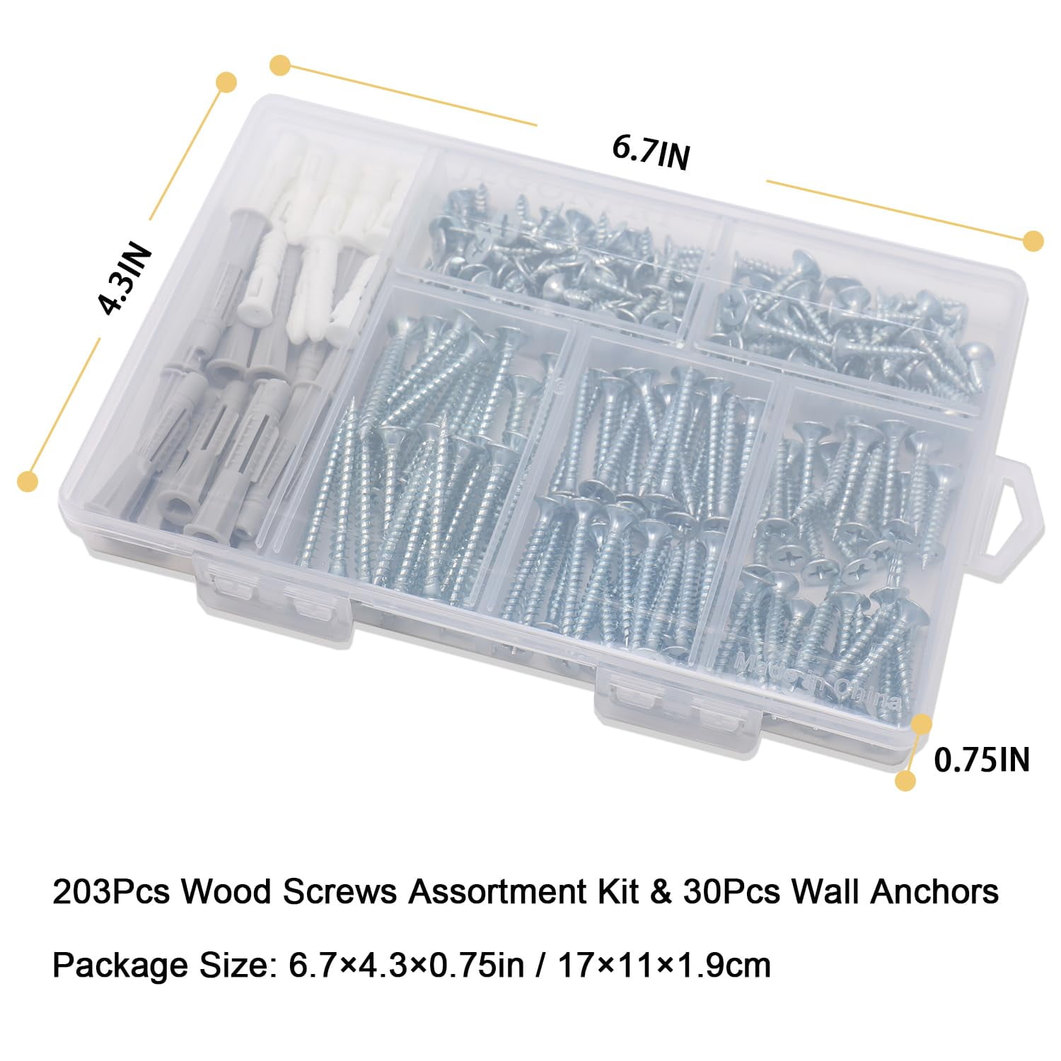 High Hardness Wood Screws Assortment Kit and Plastic Wall Anchors, 203 pcs 1/2" to 1-1/2" Phillips Drive Flat Head Screws & 30 pcs M6 Drywall Anchors