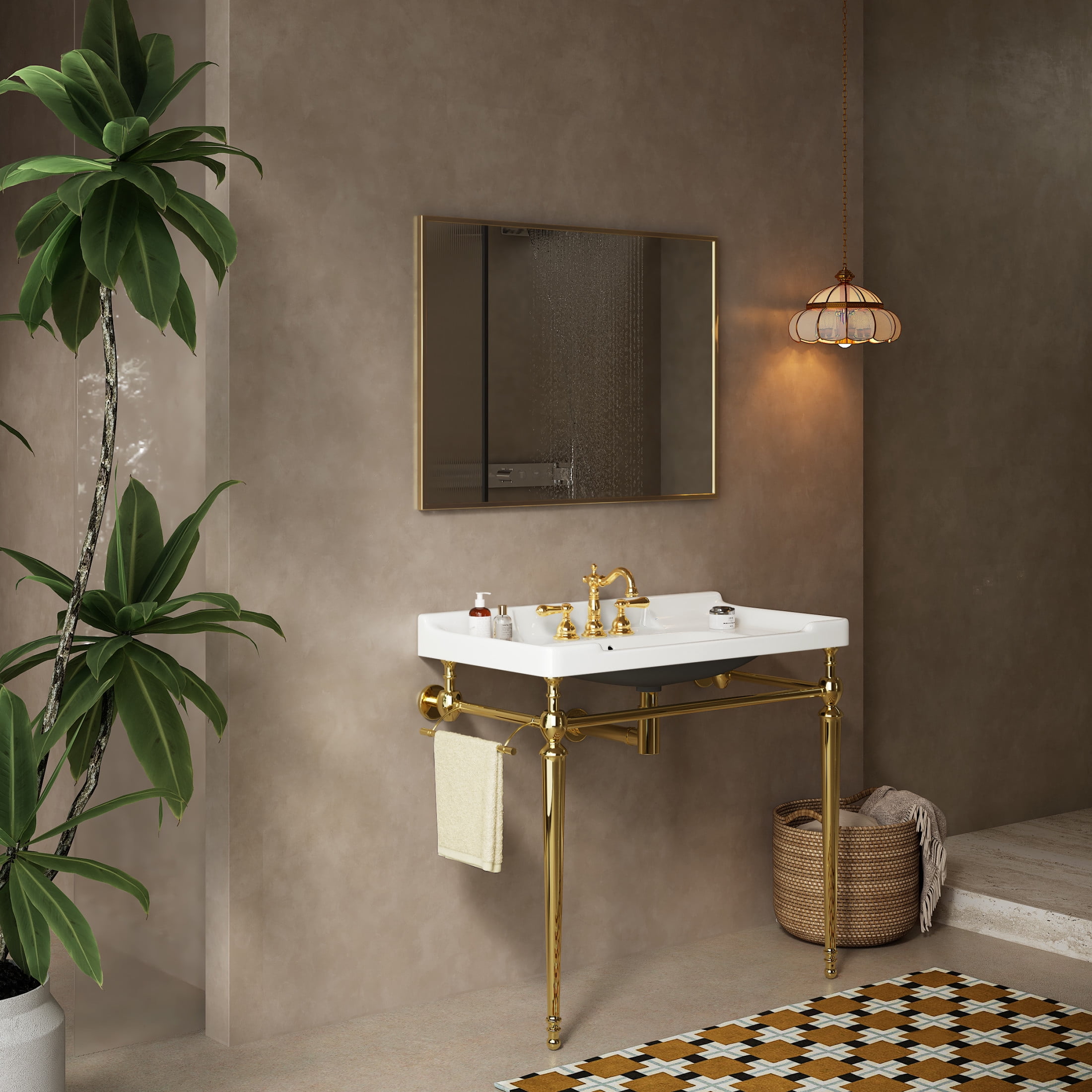 Noble House VICI 36" Bathroom Console Sink, Wall-Mounted Ceramic Basin Vanity with Stainless Steel Legs, White & Gold