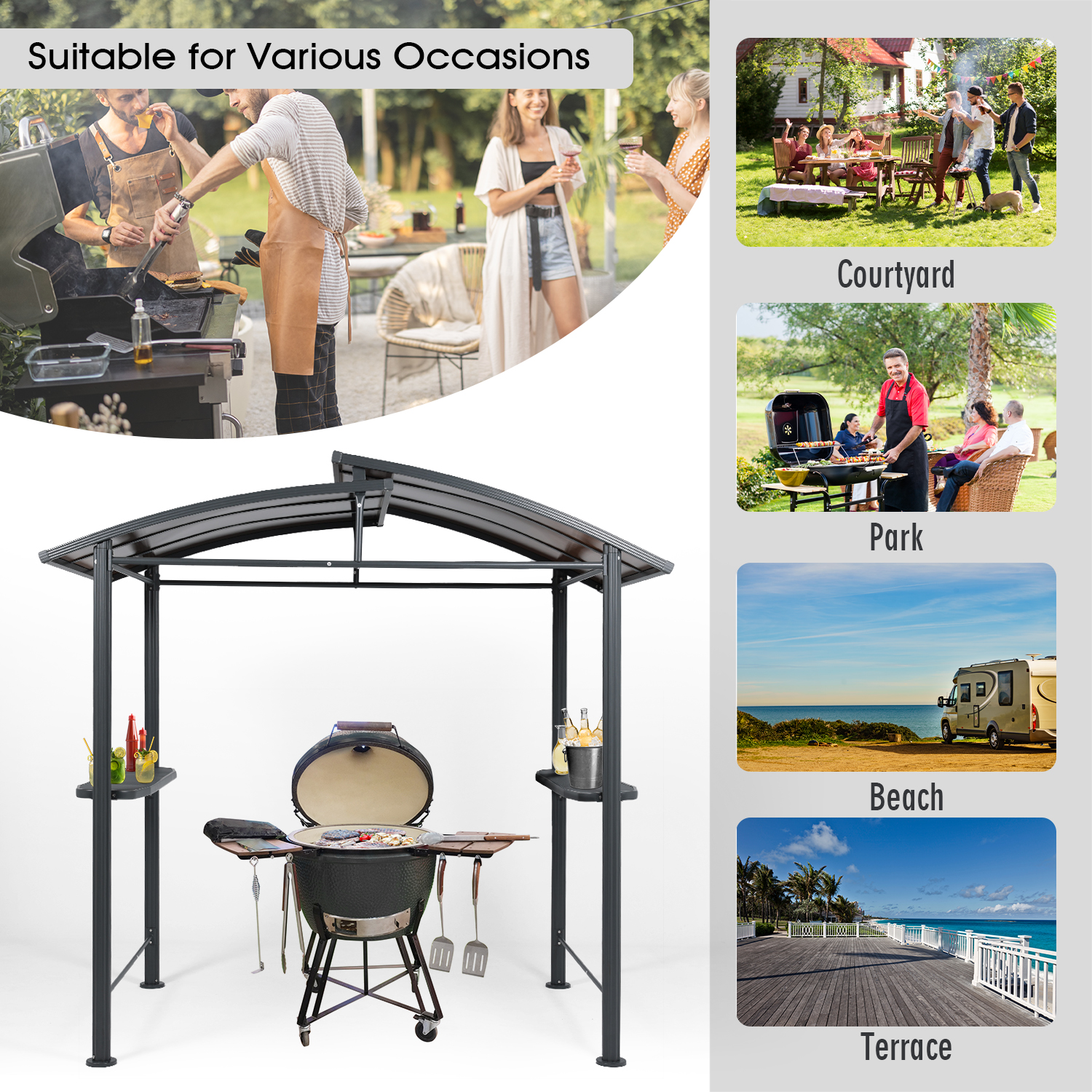 Aoodor 8 x 5 ft. BBQ Grill Gazebo Shelter, Gray Steel Frame with Side Shelves,  for Outdoor, Patio, Backyard - image 4 of 7