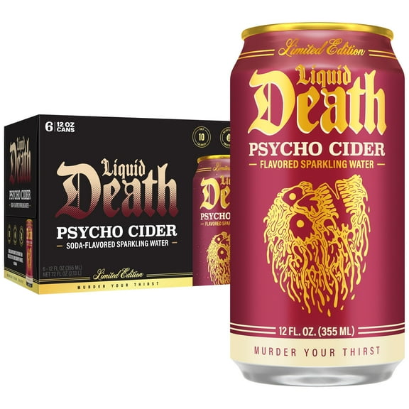 Liquid Death, Psycho Cider, Apple Cider-Flavored Sparkling Water, 6-Pack (12oz Cans), Low Sugar, Huge Flavor & No Artificial Sweeteners