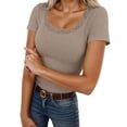 thumbnail image 3 of Women's Short Sleeve Lace Trim Ribbed Top Casual Basic Tee Spring Trendy, 3 of 9