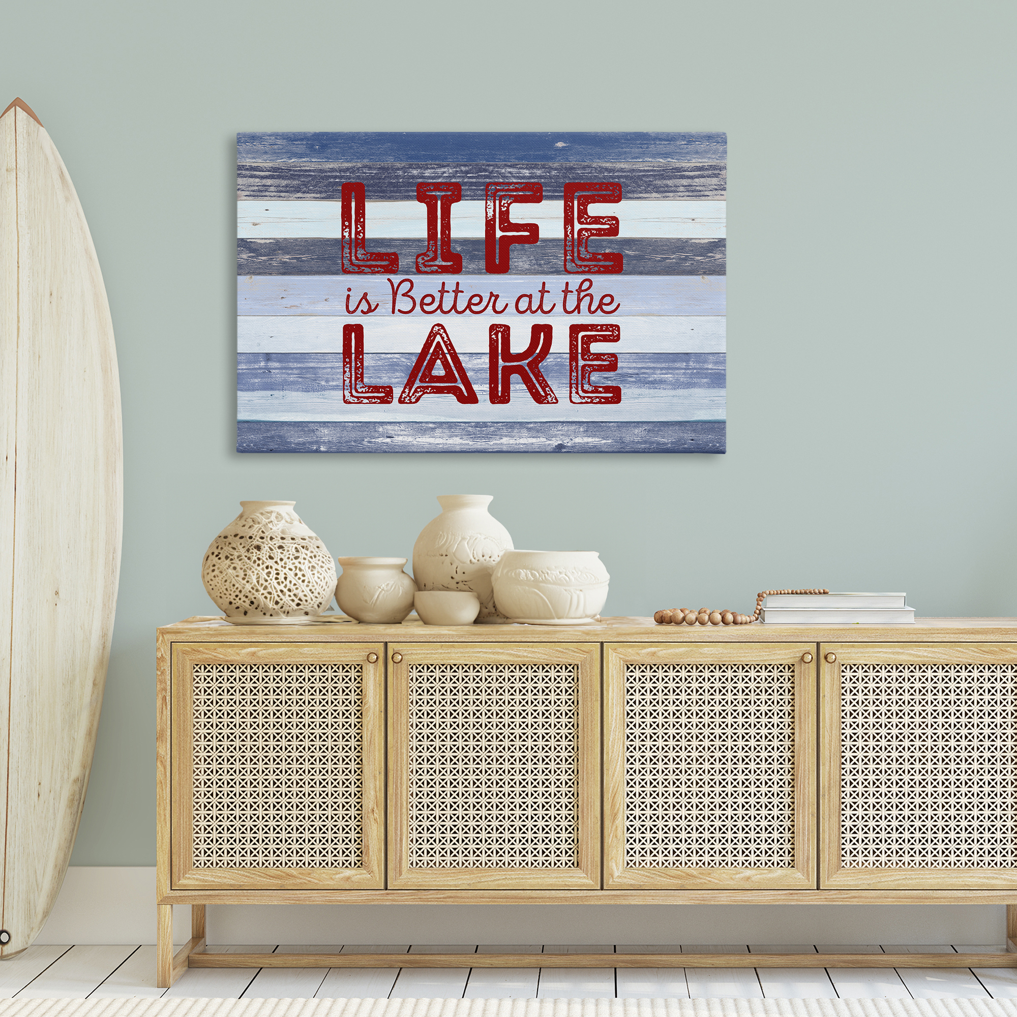 Stupell Industries Life At Lake Striped Coastal Painting Gallery Wrapped Canvas Art Print Wall Art, 45 x 30