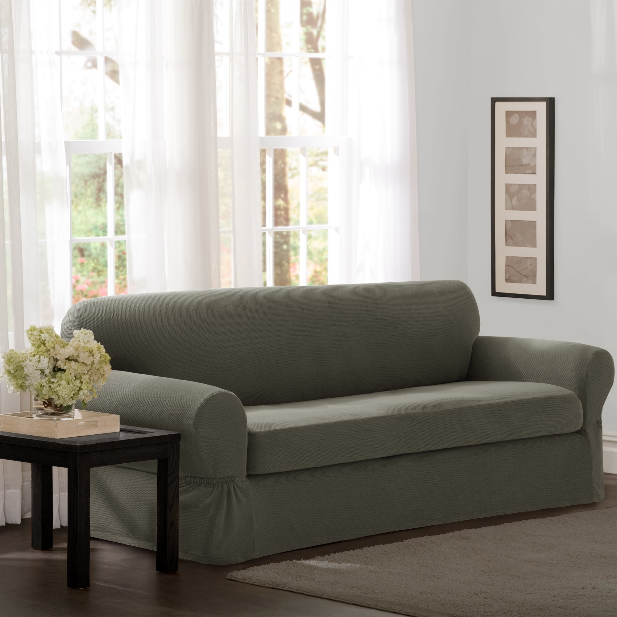 Zenna Home Pixel 2-Piece Stretch Sofa Furniture Slipcover, Dark Olive Green
