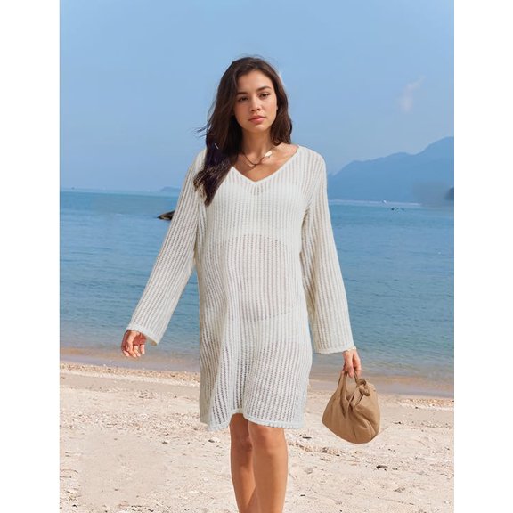 Women Hollow Out Crochet Long Sleeve Sheer Swimsuit Coverup Tunic Top for Bathing Suit Bikini Beach Casual Poolside Outfits Size XL