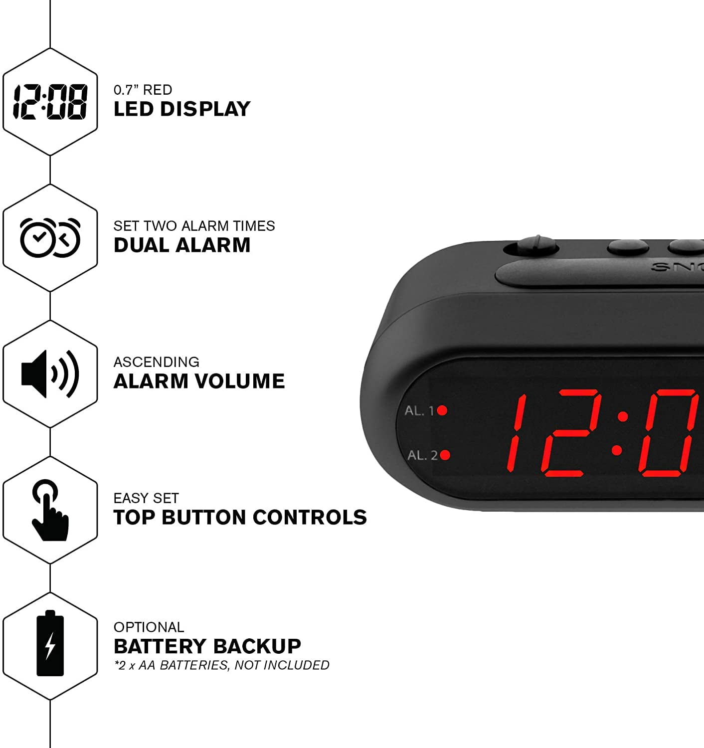 Easy-Set Digital Alarm Clock for Bedroom – Large Red LED Display, Ascending Loud Heavy Sleepers, Dual Weekday/Weekend, Simple Operation, Snooze & Dimmer Control, Battery Backup