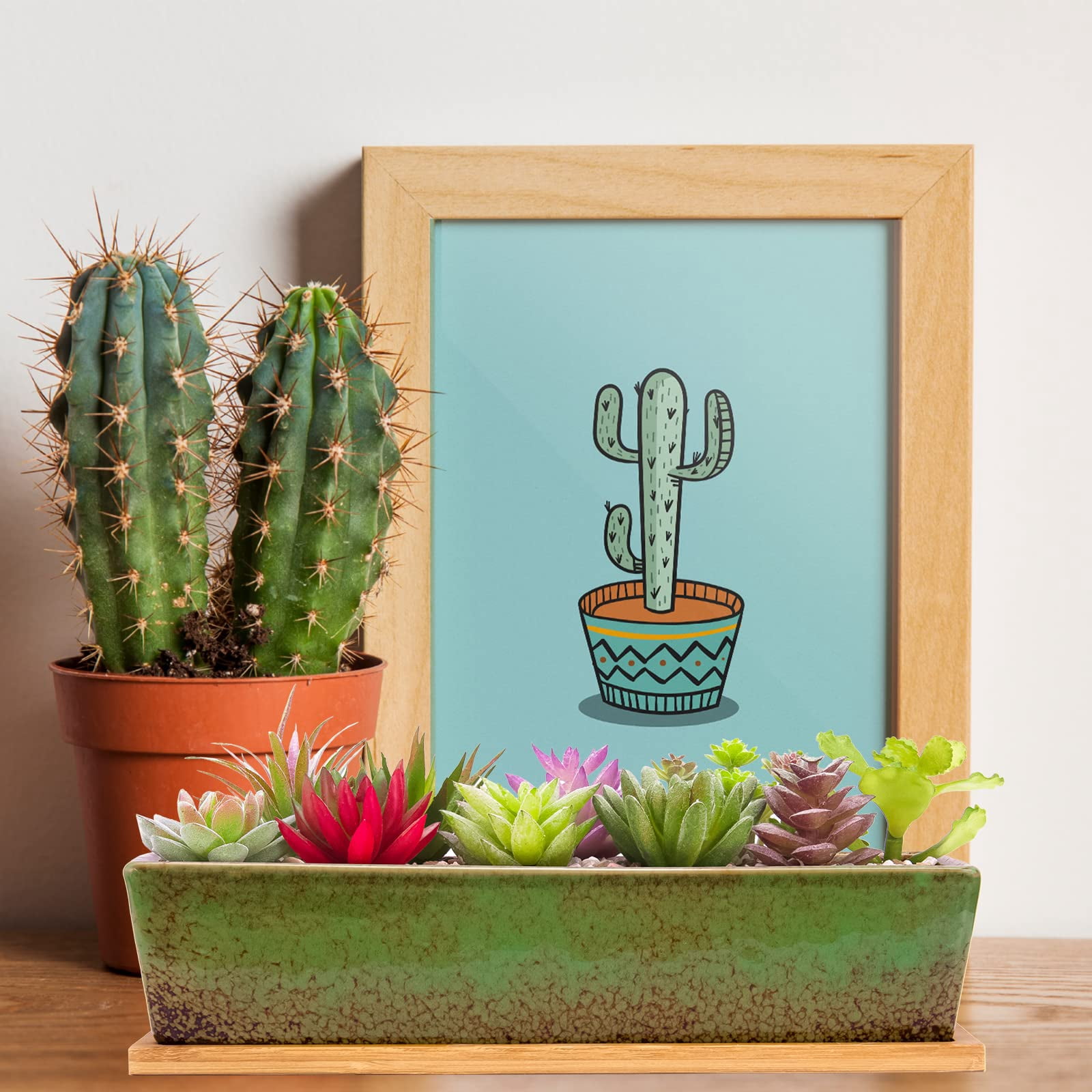 Succulent Planter Pots Large Rectangular Ceramic Cactus Flower Pot with Drainage and Bamboo Tray 12 Inch Shallow Bonsai Window Box for Home Garden Decor