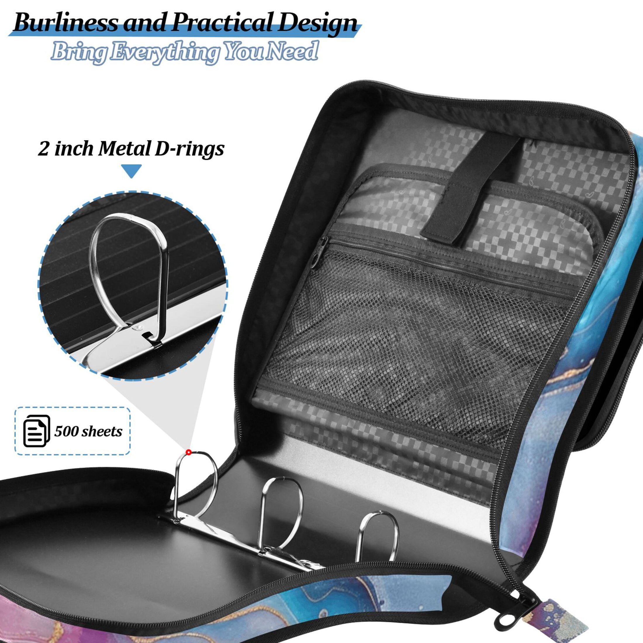3 Ring Zipper Binder with Shoulder Strap Waterproof Trapper Keeper 2 Inch D-Ring 500 Sheets Capacity Colorful Marble