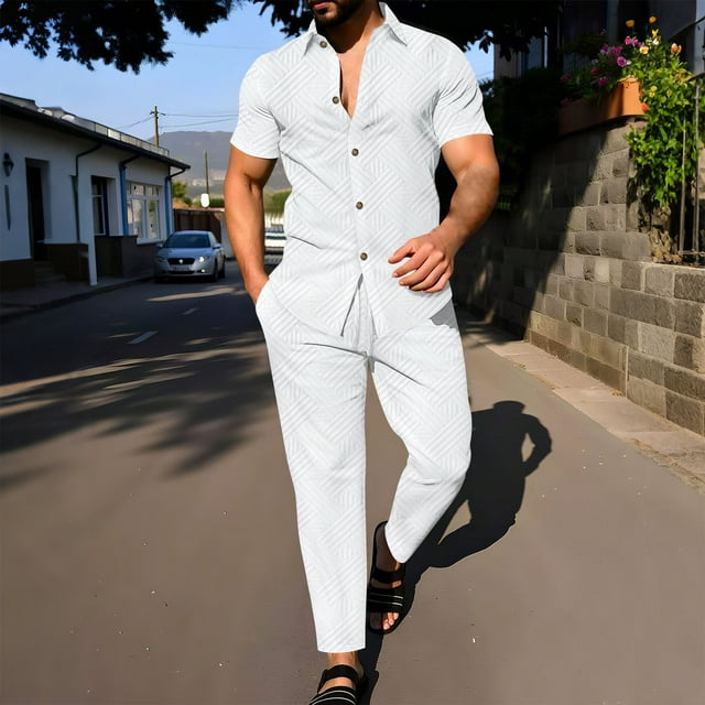 NTACZA Pants Set Mens Short Sleeve Athletic Button Down Tracksuits Collared Active Sweatsuits for Men M