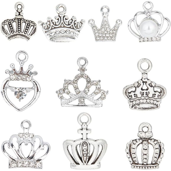 60 piezas de 10 estilos de dijes: dije de princesa, dije de rey plateado con diamantes de imitación y circonitas cúbicas, dije de reina con coronas huecas.