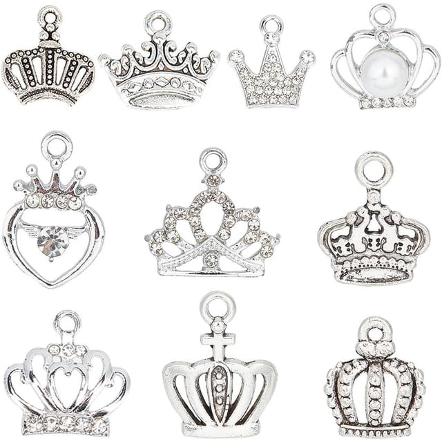 60 piezas de 10 estilos de dijes: dije de princesa, dije de rey plateado con diamantes de imitación y circonitas cúbicas, dije de reina con coronas huecas.