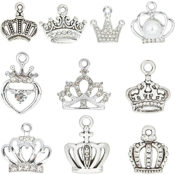 60 piezas de 10 estilos de dijes: dije de princesa, dije de rey plateado con diamantes de imitación y circonitas cúbicas, dije de reina con coronas huecas.