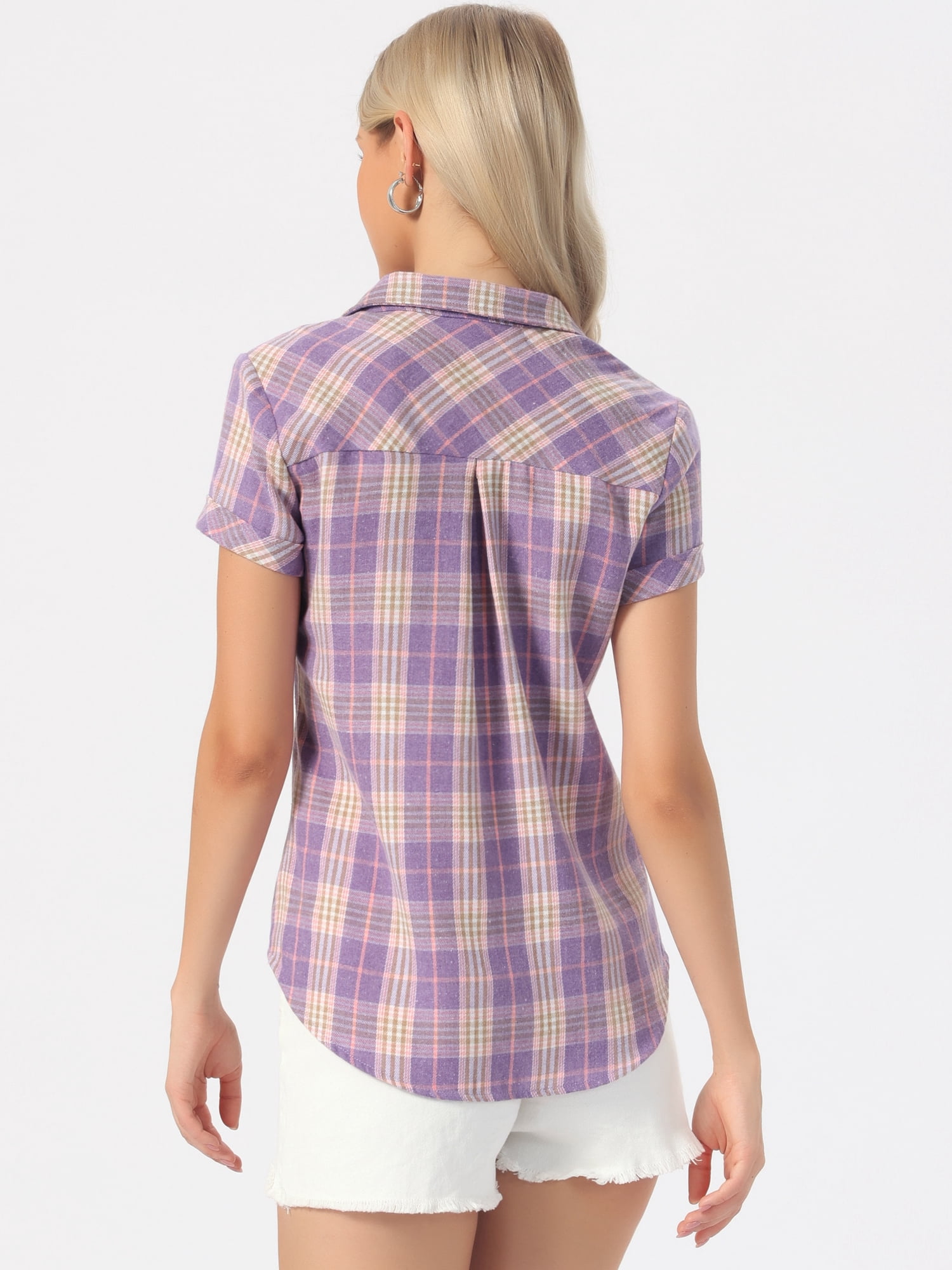 DARING DIVA Women's Plaid Shirts Cotton Short Sleeve Button Down Shirt L Purple