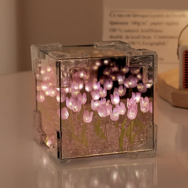 Lámpara De Espejo Con Forma De Cubo De Tulipán, Luz Nocturna Decorativa Con Forma De Cubo De Tulipán Hecha A Mano Para Cumpleaños Para Amigos