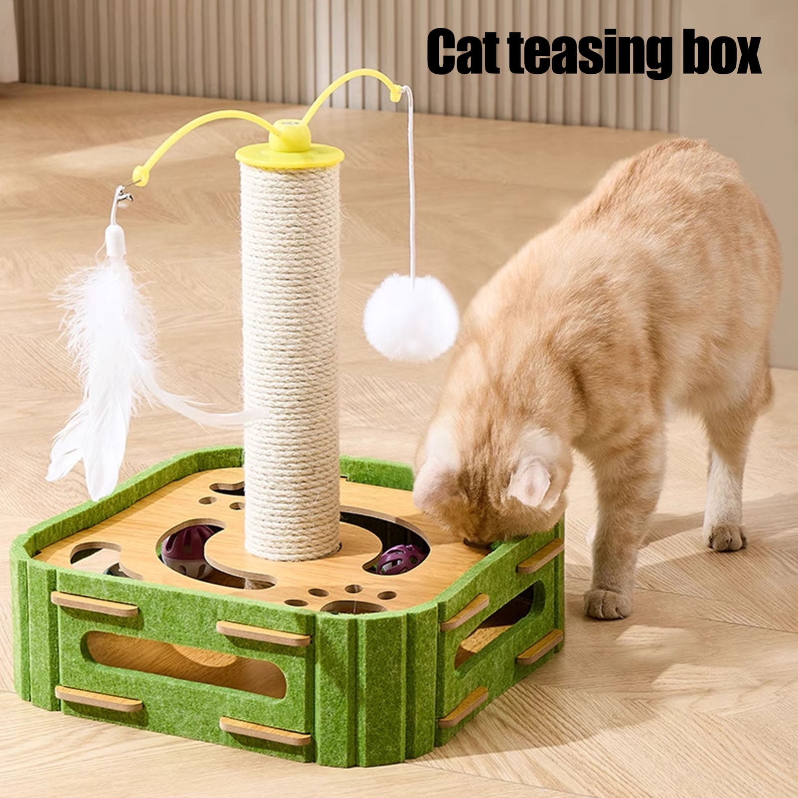 mdesiwst Cat Scratch Enrichment Box Interactive Cat Nail File Puzzle Toy with Jingling Bell Balls Cat Scratcher Maze Box for Indoor Cats Scratch And Play
