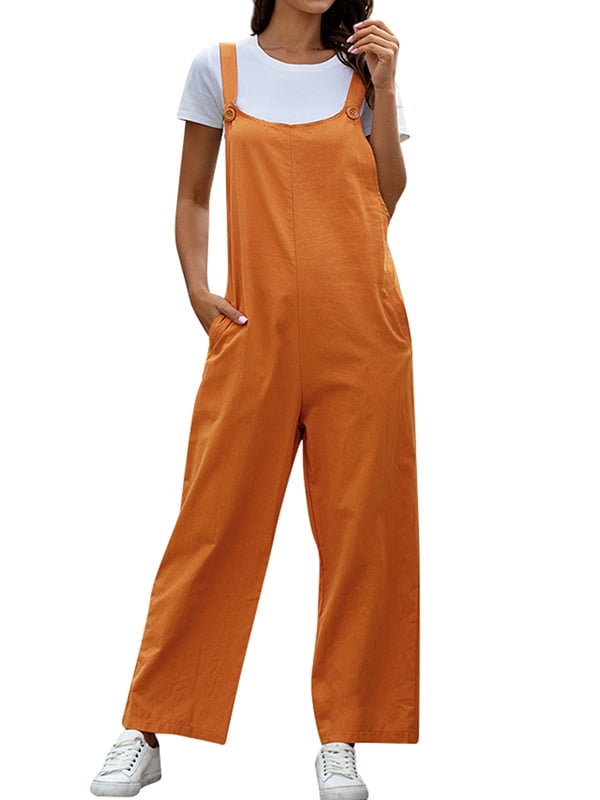 Women Colid Color U Neck Pockets Wide Leg Overalls