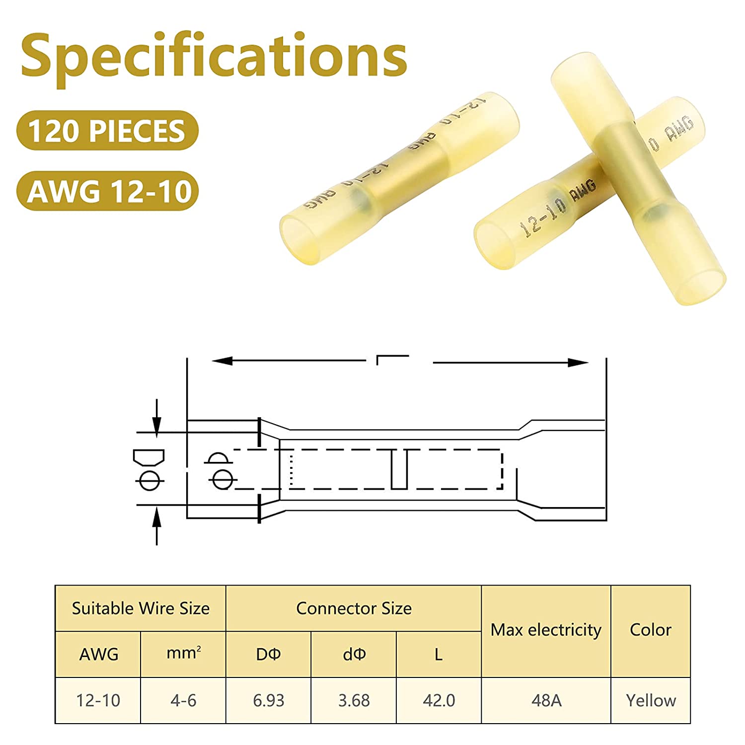 120 pcs yellow heat shrink terminal connectors, 12-10 waterproof insulated wire connectors, crimp and heat shrink terminal connector terminals suitable for cars, ships, trucks, trailers, stereo syste
