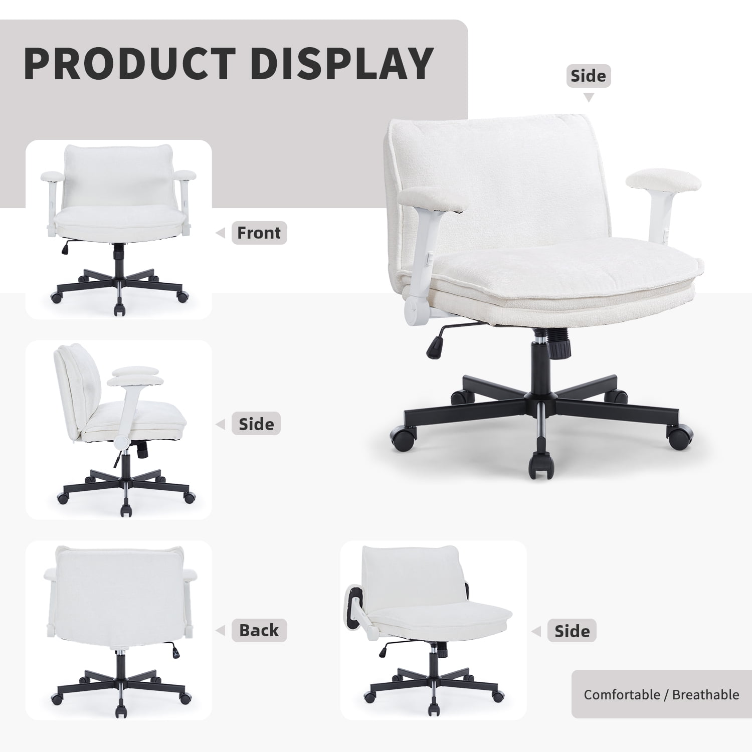 Criss Cross Chair with Wheels and Adjustable Flip-Arms, Cross Legged Office Chair with Thick Cushion, Wide Makeup Vanity Chair, Comfy Swivel Desk Chair for Home Office, Apartment, Bedroom, Beige