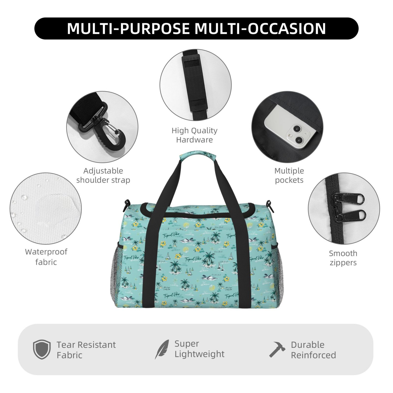 Kuqiui Hawaiian Style Print Foldable Travel Duffel Bag Tote Carry on Luggage Bag Personal item Sports Gym Bag Water Resistant Weekender Overnight Bags for Women and Men