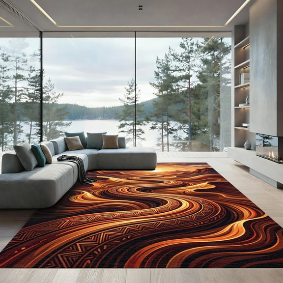 ODIKA 4' x 6' Machine Washable Non-Slip Area Rug, abstract print High Traffic Rug, Orange, 1243975