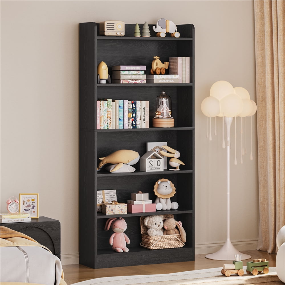Renwick Wooden 6 Layer Modern Open Shelf Bookcase with Top Compartment, Black