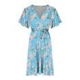 thumbnail image 6 of Usmixi Summer Dresses for Women Tie Waist Pleated Swing Plus Size A Line Short Dresses Short Sleeve V-Neck Floral Print Mini 2023 Casual Dress Light Blue xxxl Clearance Under $5, 6 of 7