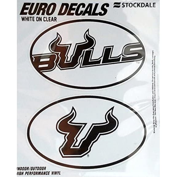 University of South Florida Bulls USF 2-Piece White and Clear Euro Decal Sticker Set, 4x2.5 Inch Each