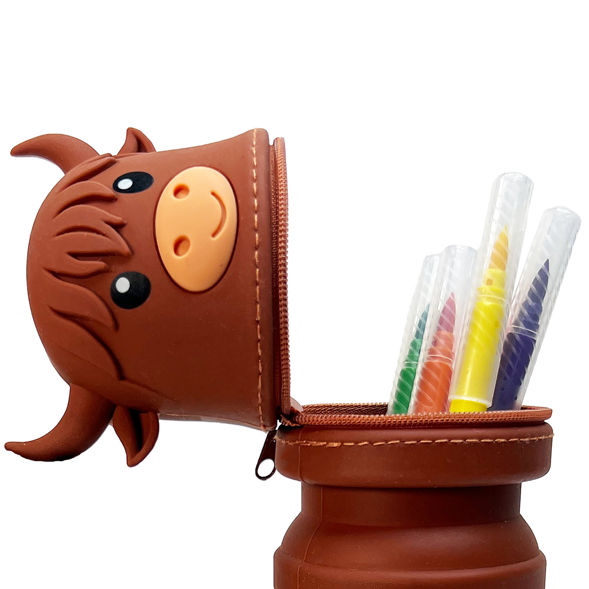 Little Yellow Bicycle: Retractable Pencil Case - Highland Cow - Cute Animal Character, Zipper Carry Pouch, Silicone, School Supplies & Utensil Storage