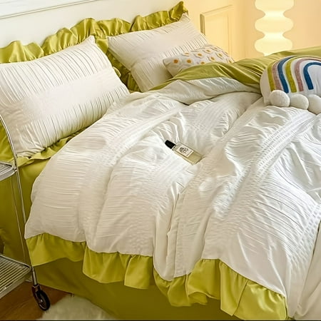 

4pcs Princess Style Solid Color Seersucker Sheet Duvet Cover And Pillowcase Set Bedding Supplies