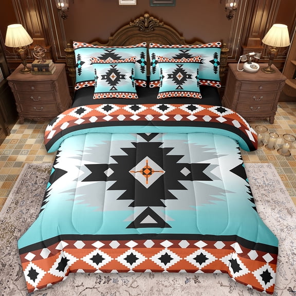 Manfei Vintage Aztec Twin Bedding Sets 7-Piece,Blue Geometric Pattern Bedding Comforter Set 7-Piece,Boho Theme Sheet Sets,Super Cozy Room Decor Reversible