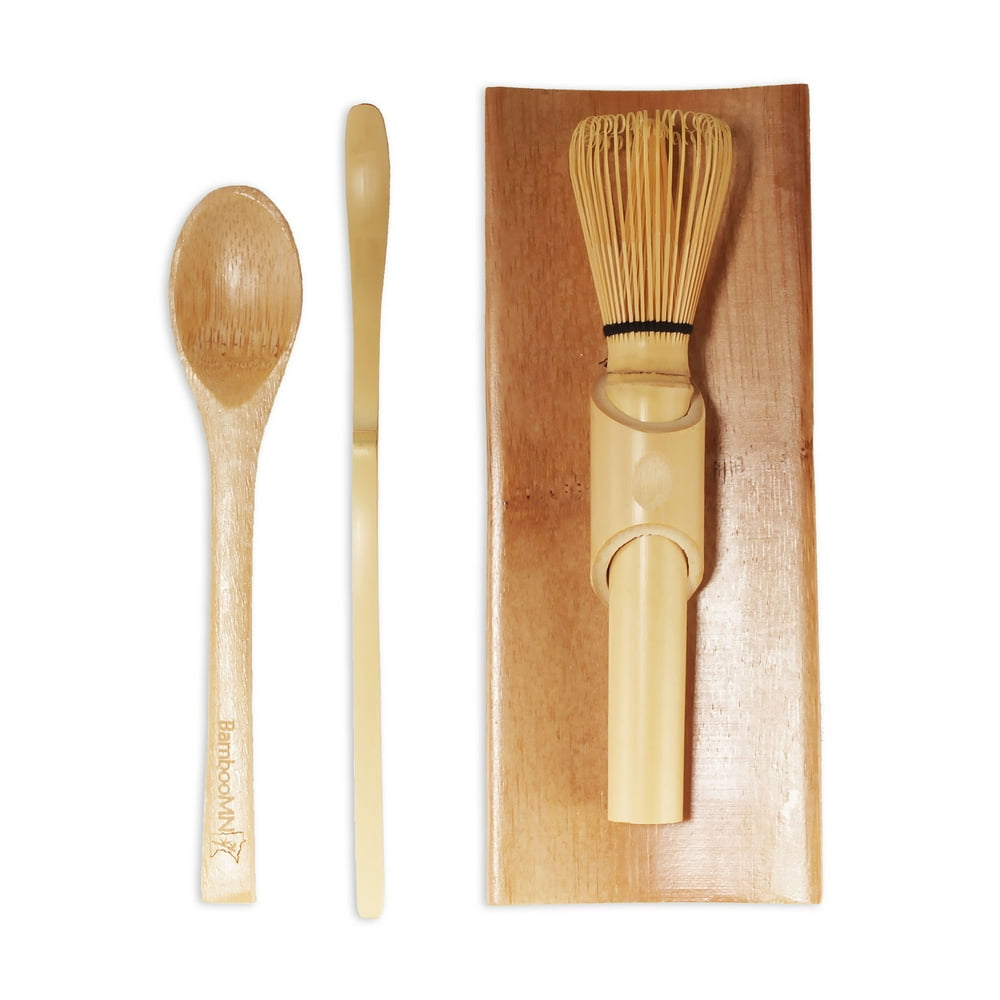BambooMN Matcha Whisk Set Skinny Golden Chasen (Tea Whisk), Tray