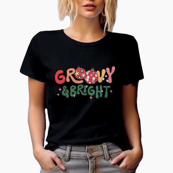 Distressed Groovy & Bright, Retro Wavy Text & Christmas Balls Art Merch Gift, Black T-Shirt, Small
