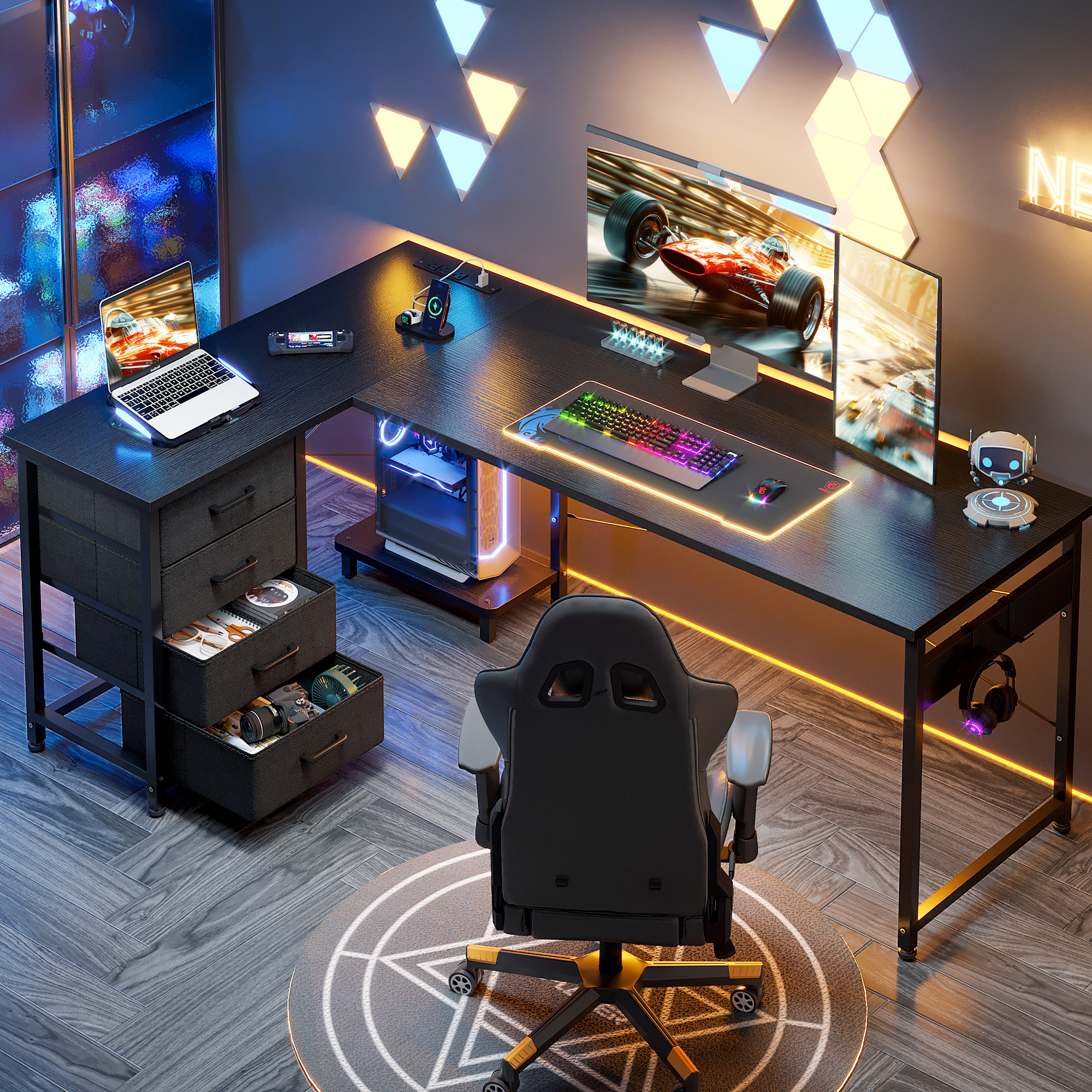 Casacomoda L Shaped Computer Desk with Charging Station , 61 inch PC Table Study Desk 4 Tier Drawers, Modern Simple Style Laptop Desk for Bedroom, Black