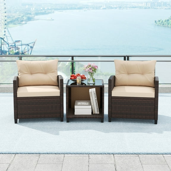 Gymax 3-Piece Patio Furniture Set PE Rattan Conversation Set w/ Glass Coffee Table Outdoor