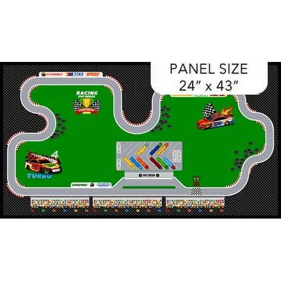 24" X 44" Panel Turbo Speed Kids Race Track Racecars Auto Racing Black Cotton Fabric Panel (25105-99)