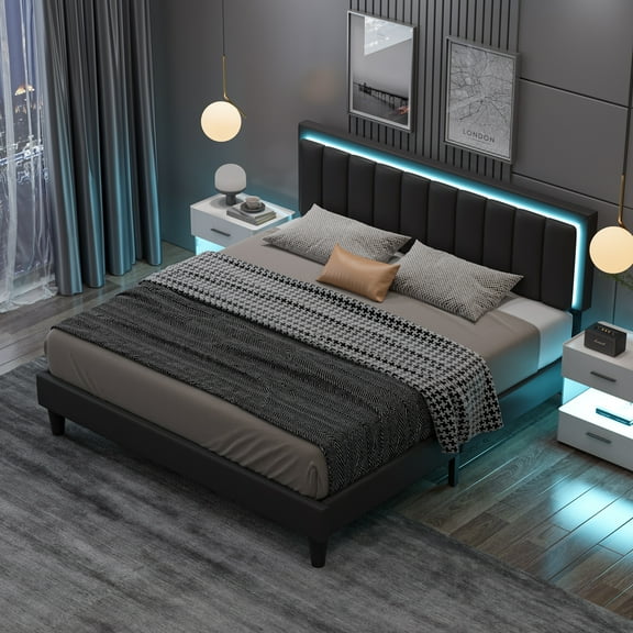 4 EVER WINNER Full Bed Frame with LED Light, Upholstered Platform Bed Frame with Headboard, Black