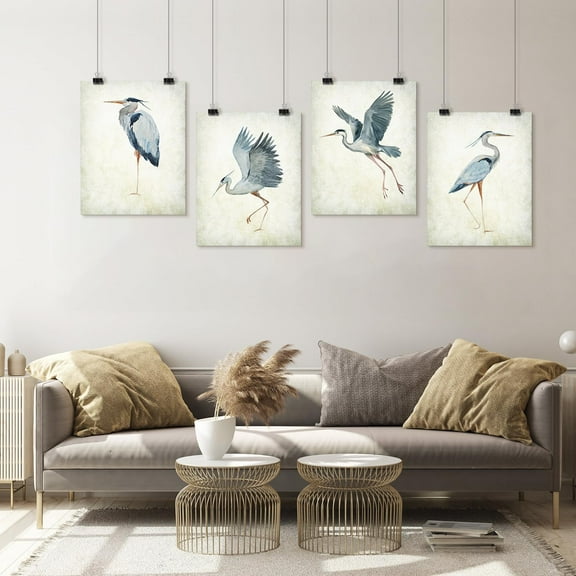 PixonSign Adhesive Wall Art Watercolor Heron Bird Collection Posters, Set of 4 Elegant Herons in Various Poses Illustrations Wall Decor, Animals Canvas Prints for Home Decor - 11"x14"