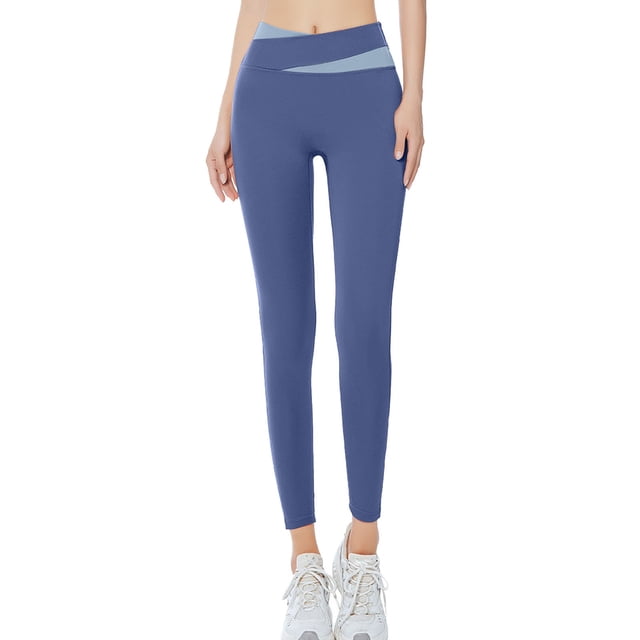 MIASHUI Color Block Tight High Waist Workout Yoga Pants Tummy Control Moisture Wicking Quick Dry Breathable Running Fitness Long Pants Blue,L