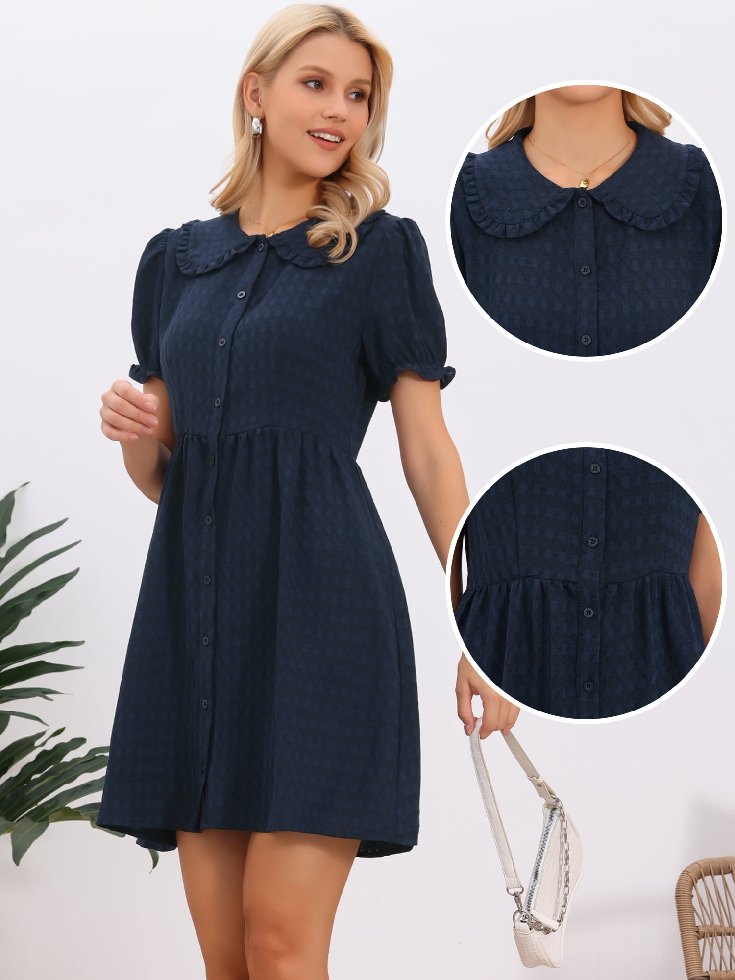 DARING DIVA Women's Vintage Peter Pan Collar Puff Short Sleeve Mini Dress XL Navy Blue