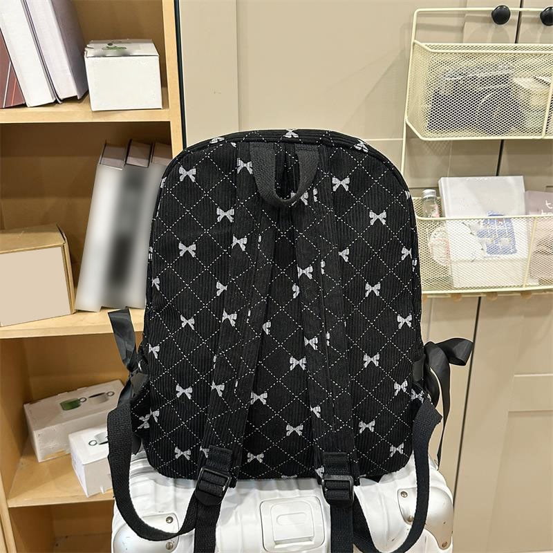 Yucurem Large Capacity Corduroy Backpack with Bow, Lightweight 15.75 inch Laptop Bag for Women, Aesthetic Daypack for College Travel (Black)