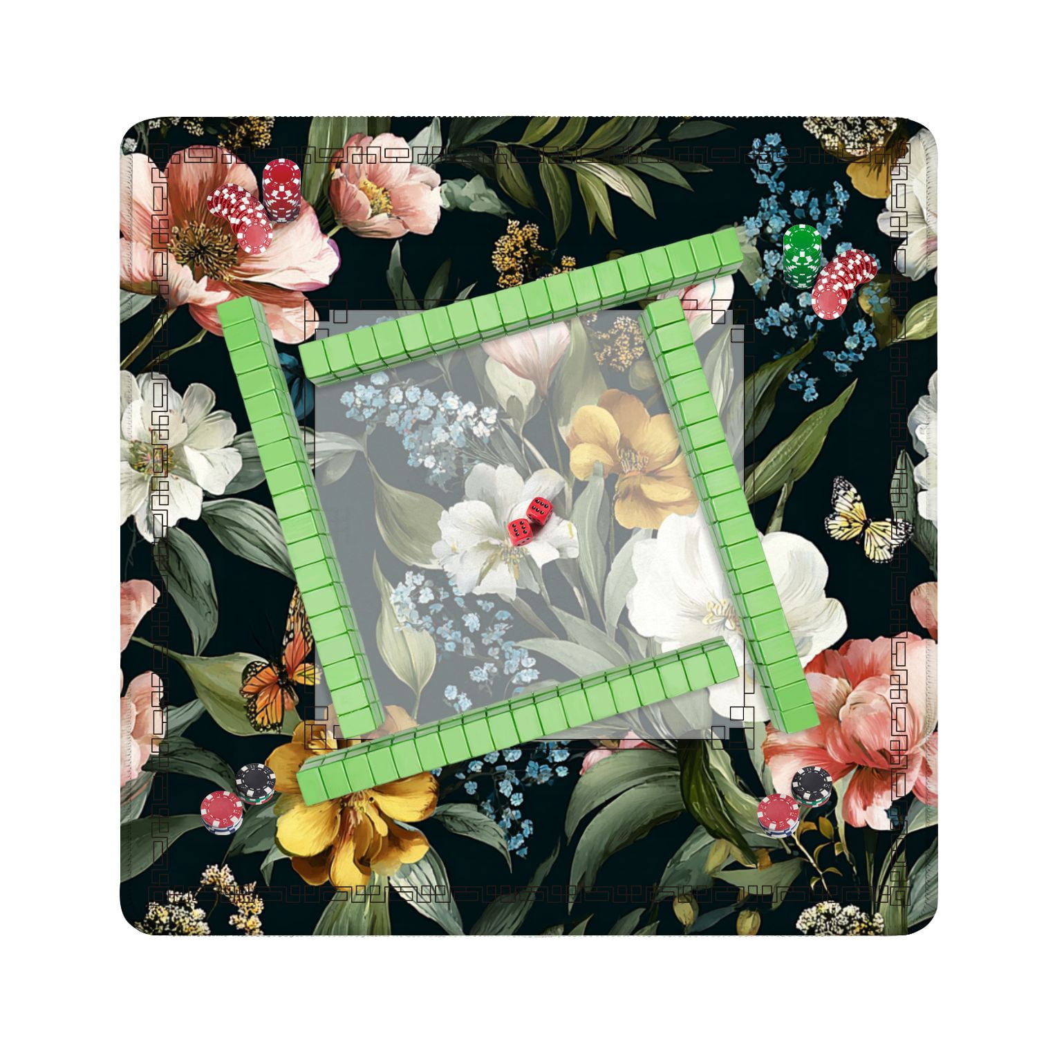 Mahjong Mat 31.5" x 31.5" Seamless watercolor floral pink blush flowers elements green Non-Slip Noise Reduction American Mahjong Tiles Table Cover for Dominoes Poker Card Board Games Gift