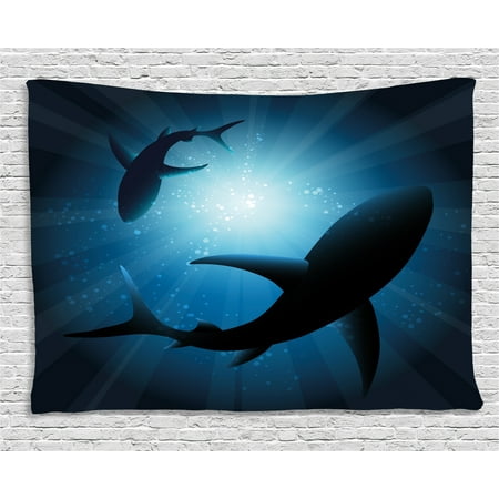 Shark Tapestry, Silhouette of the Fishes Swimming at Twilight Night Moon Mystic Magical Sea Scenery, Wall Hanging for Bedroom Living Room Dorm Decor, 80W X 60L Inches, Dark Blue, by