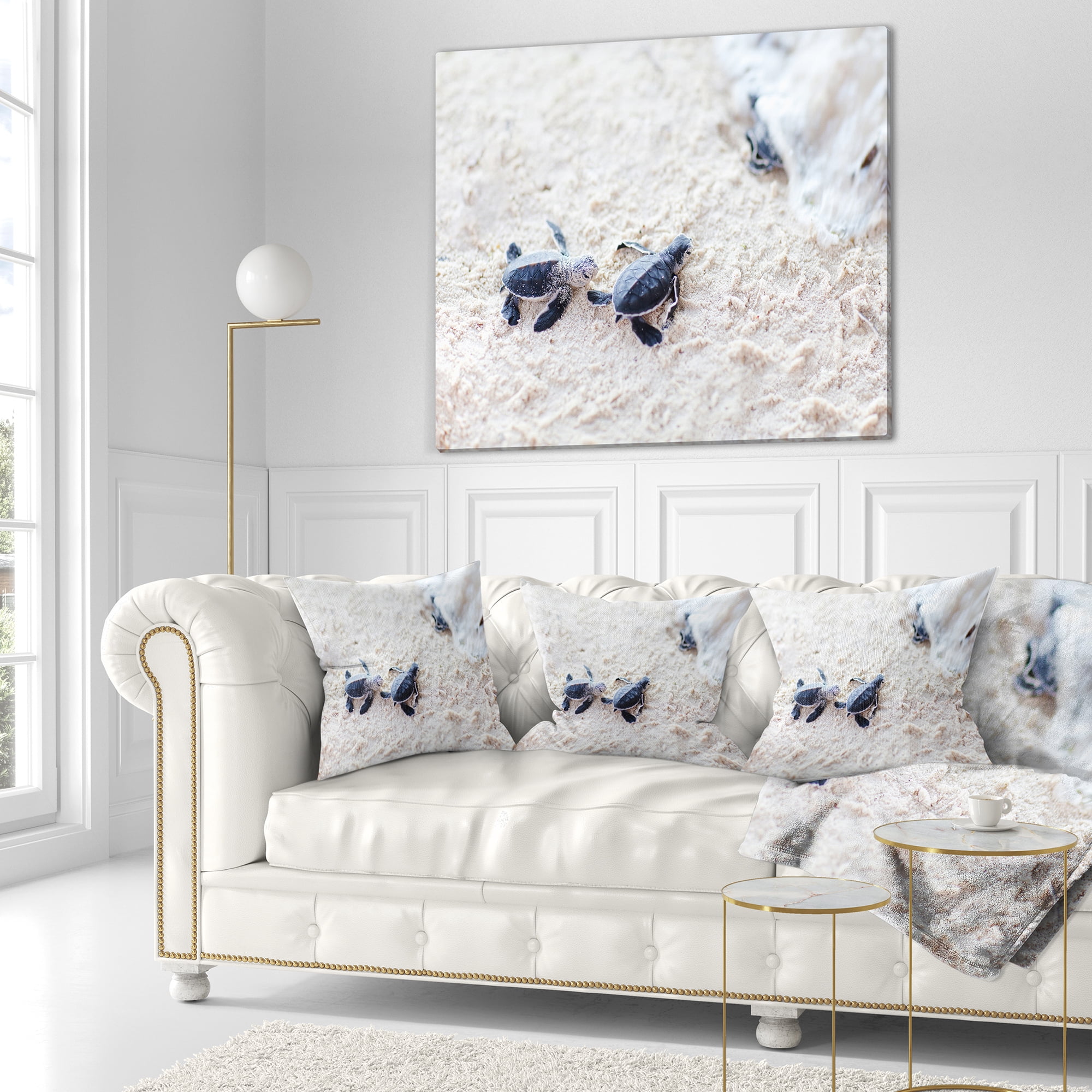 Designart Baby Green Turtles on Sand - Animal Throw Pillow - 18x18