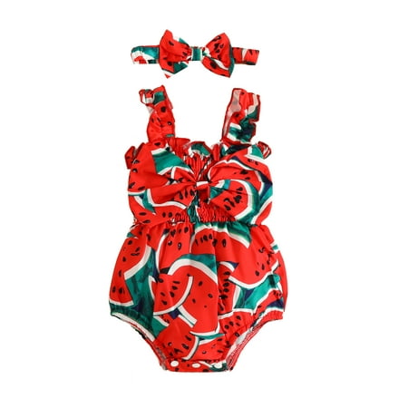 

Baby Girl Ruffle Romper Watermelon Print Sleeveless Ruched Jumpsuit One Piece Halter Bodysuit Headbands Set