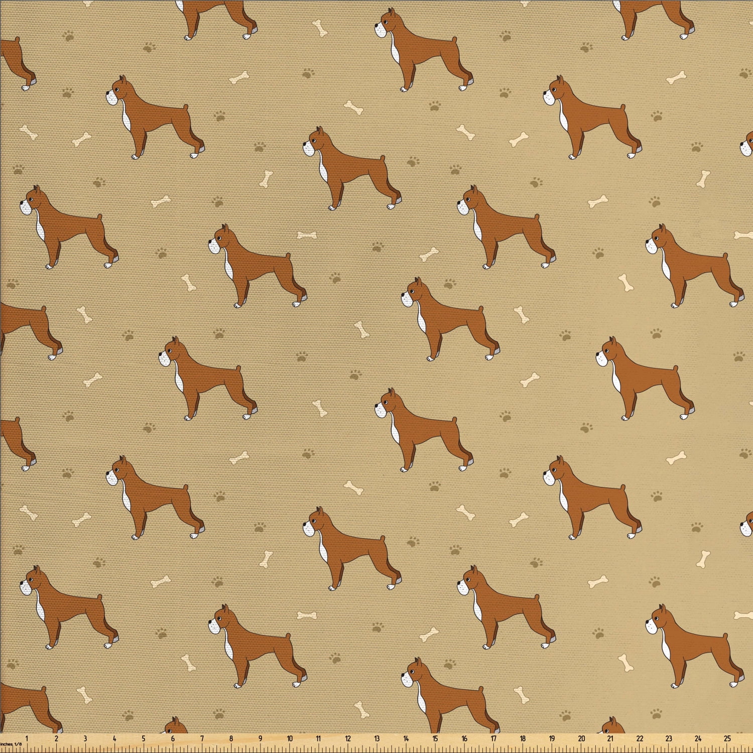 Boxer Dog Fabric by The Yard, Brown Cartoon Purebred Dogs with Paw Prints and Bones Kids Nursery