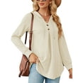 thumbnail image 2 of SHIBEVER Womens Hoodies Fall Tunics Tops Long Sleeve Blouses Loose Fit Sweatshirts V Neck Shirts Trendy Pullover with Button Casual Tops Solid Color Beige Tshirt Size L, 2 of 5