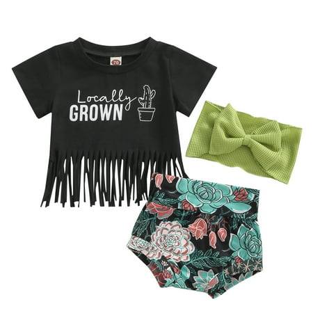 

Ma&Baby 0M-24M Girl Baby Short Sleeve Tassel T-Shirt Shorts Set Black 3Pcs