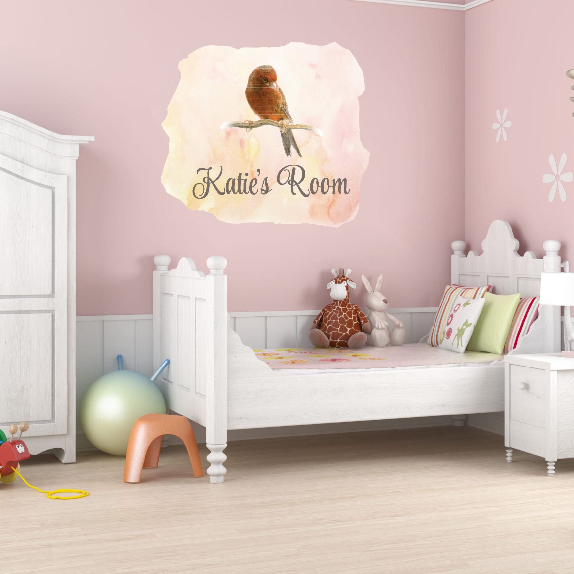 Animal Watercolor Custom Name Wall Decals for Kids Room - Brown Bird ...