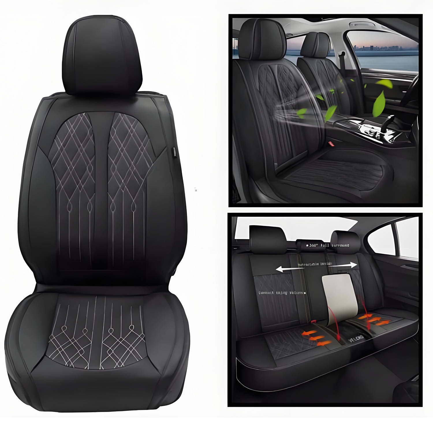 BaiCH Car Seat Covers, Breathable and Waterproof Faux Leather Automotive Seat Covers for Cars SUV Truck Sedan,Universal Anti-Slip Driver Seat Cover with Backrest (Full Seat, Black)