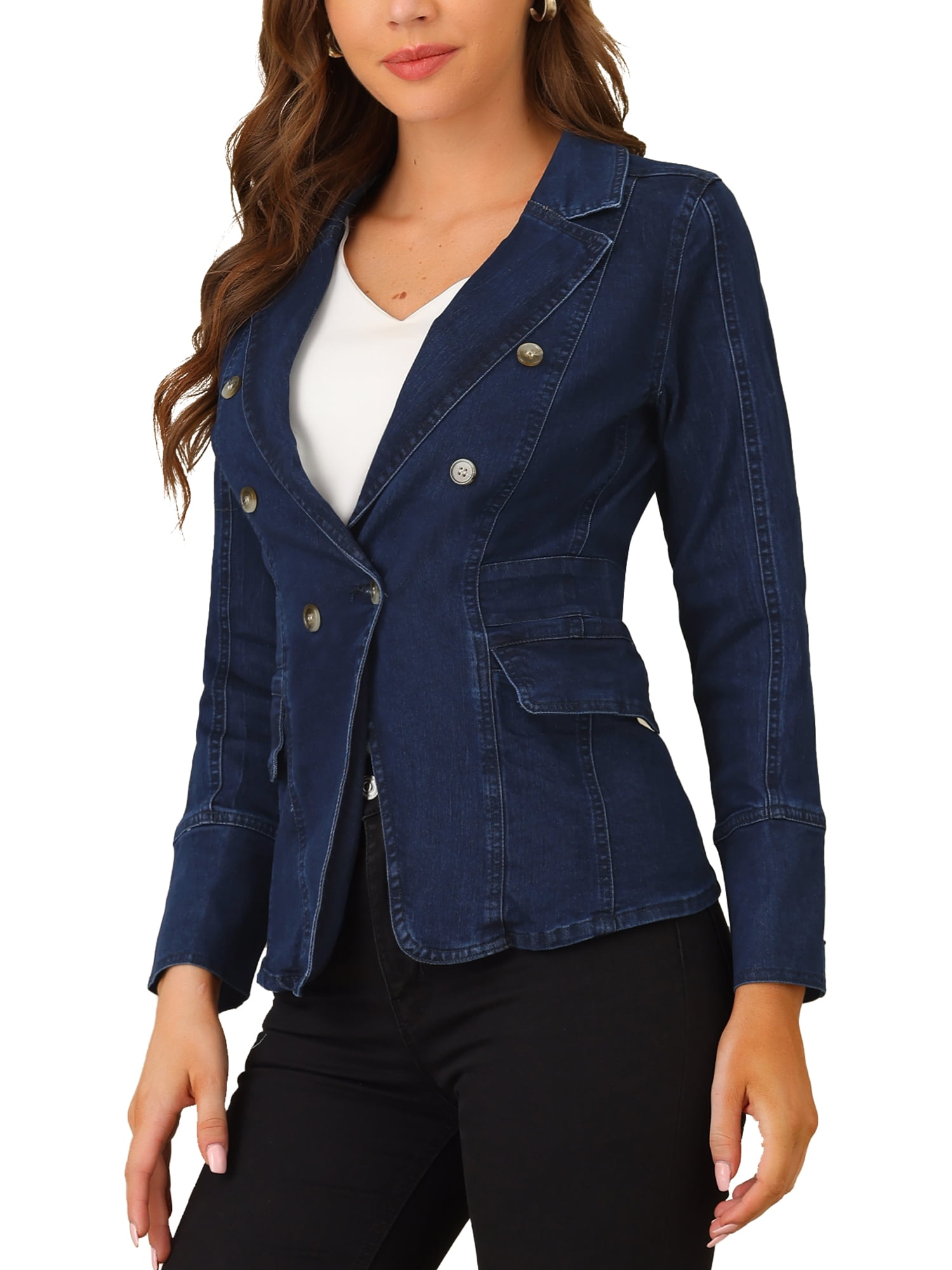 DARING DIVA Women's Lapel Jeans Blazer Denim Jacket W Pockets M Mid-Blue